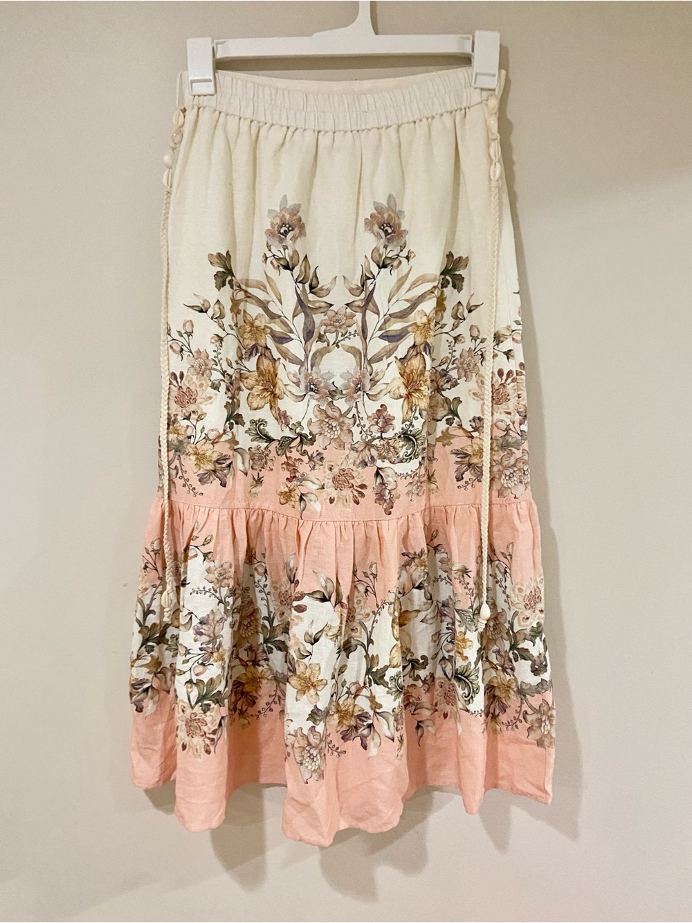House of Harlow 1960 Floral Linen Blend Tiered Midi Skirt Cream Blush Size S